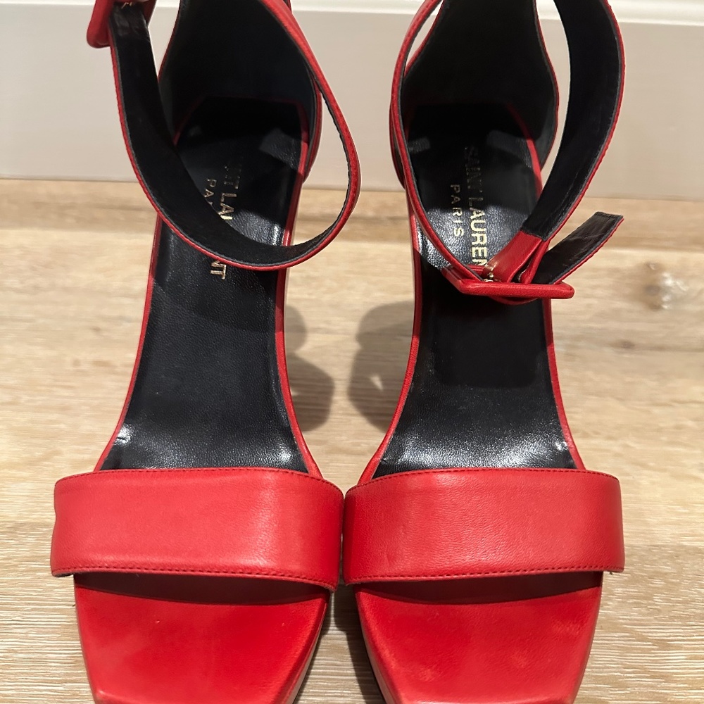 Saint Laurent Red Sandals Size 7 Like New Wedge Leather